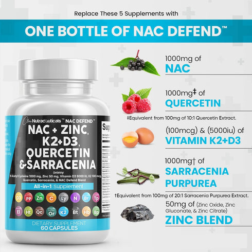 Clean Nutraceuticals NAC Supplement - N-Acetyl Cysteine 1000mg, Vitamin D3, K2 & More - 60 Count