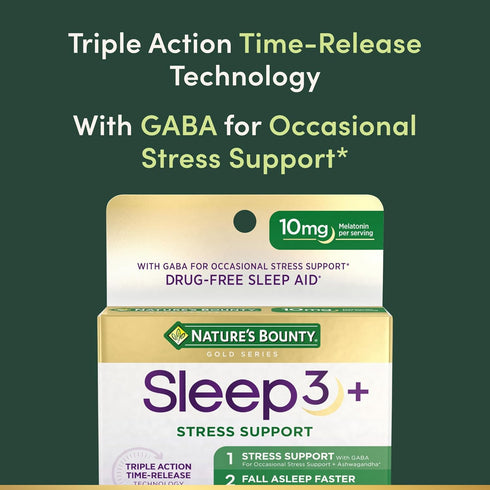 Sleep3 100% 10mg, 28 Nature's Bounty Sleep + Stress Support, Maximum Strength Drug Free Sleep Aid, Dietary Supplement