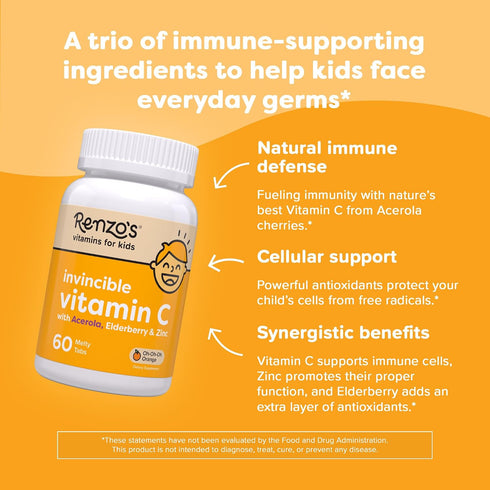 Immune 60-Count (1-2 Renzo's Invincible Kids Vitamin C with Elderberry Vitamin C and Zinc, Dissolvable Kids Vitamins