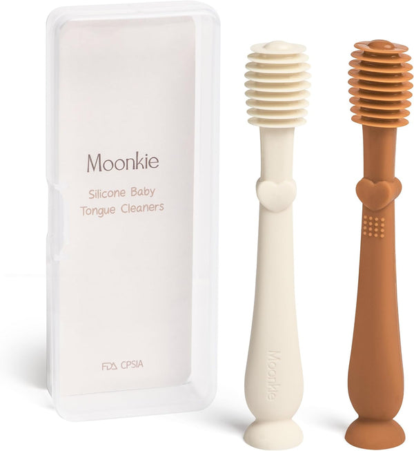 Moonkie Baby Tongue Cleaner, Toddler Toothbrush Kit for 3 Months+, 2 Pcs (Clay/Ivory)