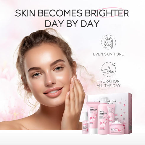 Skin Care Set JAPAN SAKURA Women Beauty Gift Set with Cleanser, Toner, Serum, Eye Cream, Face Cream (5pcs)