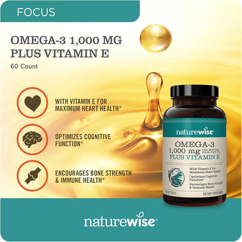 NatureWise Extra-Strength Omega 3 Fish Oil Supplement, 1000mg per Serving, 180 Softgels, Support for Heart & Brain