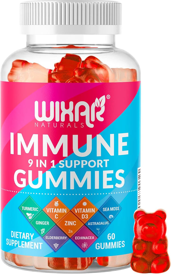 9 in 1 Immune Support Gummies with Elderberry, Vitamin C&D, Zinc, Turmeric, Ginger, 60 Gummies for Immunity Supplement