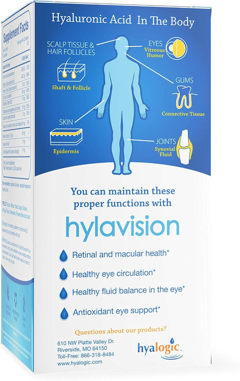 HylaVision Eye Health Supplements, Hyaluronic Acid, Lutein, Zeaxanthin for Vision Support (120 Capsules)