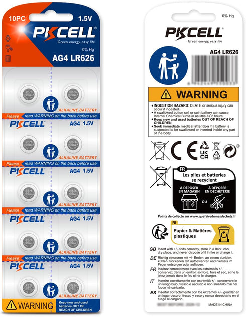 PKCELL 10Pcs LR626 377 SR626sw 1.5Volt AG4 Battery Watch Battery Alkaline Button Cell Batteries