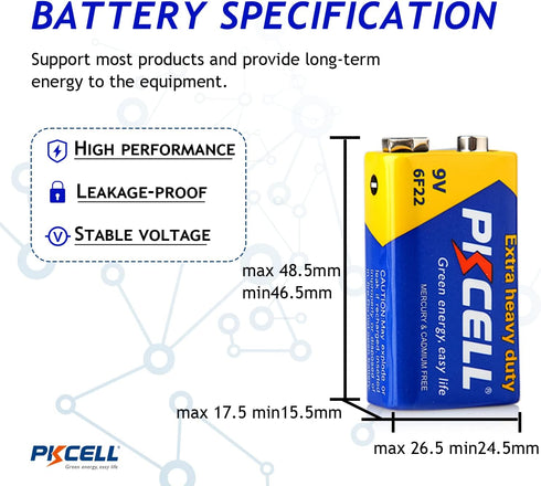 PKCELL 9V Battery Carbon Zinc for Smoke Detectors 6F22 Battery, Ultra Long-Lasting with 10-Year Shelf Life (4 Count)