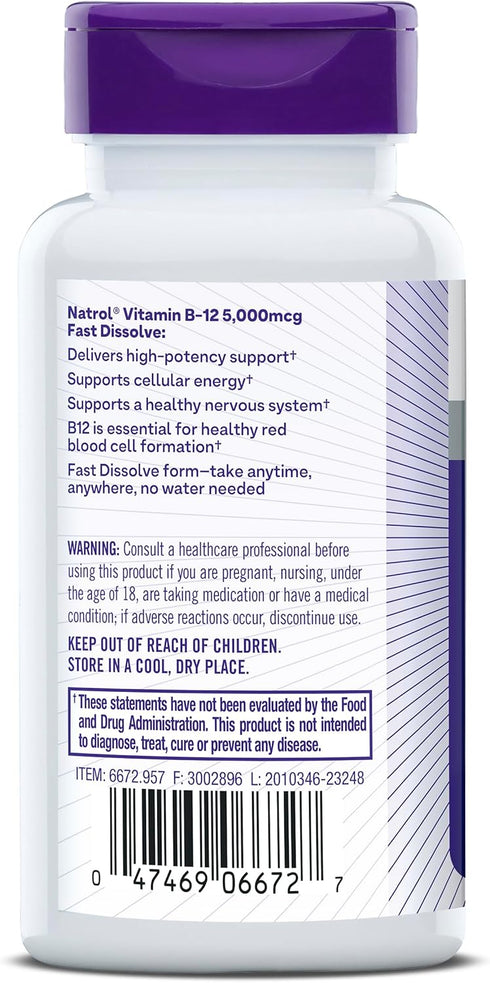 Natrol Vitamin B12 Fast Dissolve Tablets, Maximum Strength, 5,000mcg, 100 Count, Strawberry Flavor