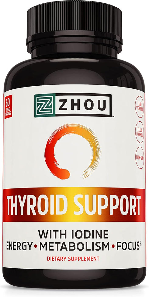 Zhou Thyroid Support Complex with Iodine, Energy & Brain Fog Support with Vitamin B12, 60 Capsules, Gluten-Free