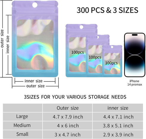 300 Pack Resealable Mylar Holographic Bags, Smell Proof Food Storage Pouches with Front Window, Pink to Blue