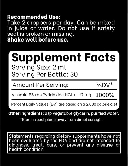 Vitamin B6 Liquid Drops - 17 mg, 30 Day Supply - Supports Brain Function, Immune System, Gluten Free