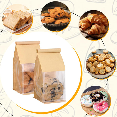 Kosotody 50 Pack Window,3.9x3.1x8.2 Inches Small Bakery Bags with Brown Kraft Paper Bakery Bag with Tin Tie Tab Lock