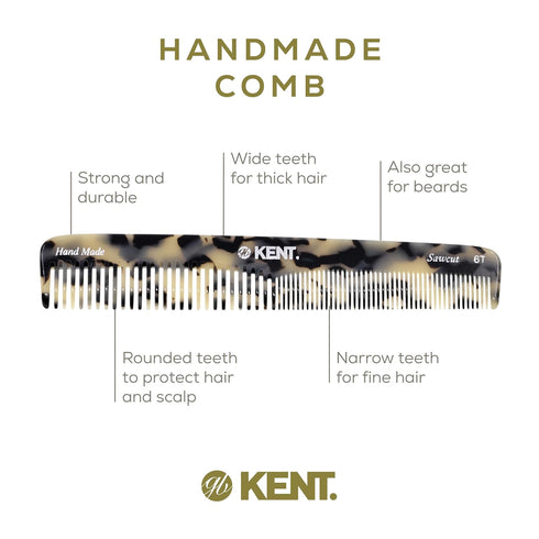 Kent 6T TW Fine Tooth Comb and Wide Tooth Hair Comb | Handmade Styling Comb for Hair Care, Barber Combs, Beard Combs