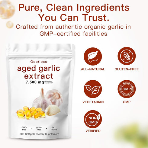 ULIKEATM Extract,7500mg Immune Support,Vegetarian,Non-GMO,All-Natural-300 Count Odorless Aged Garlic Organic Garlic