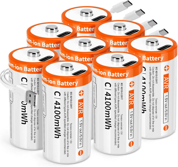 TEMIBATT Rechargeable C Batteries 1.5V 4100mWh Li-ion Battery Pack - 8 Count, High