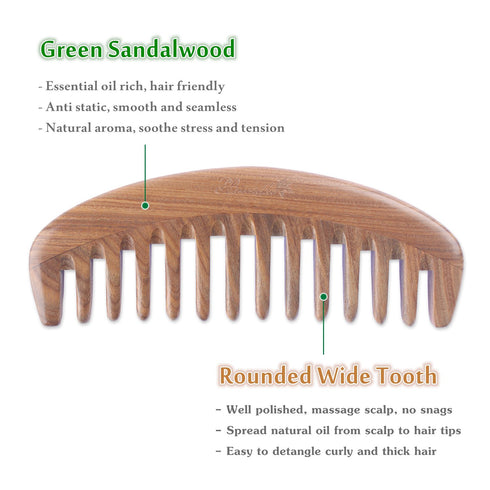 Wide Tooth Hair Comb - Natural Detangling Wooden Comb for Curly Hair - Sandalwood Comb