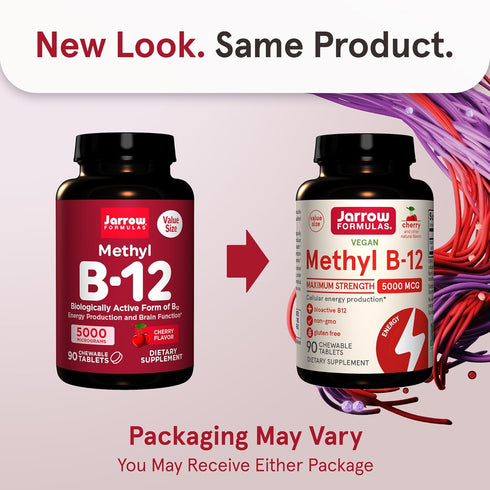 Jarrow Formulas Maximum Strength Methyl B-12 5000 mcg - Dietary Supplement - 90 Cherry Flavored Chewable Tablets