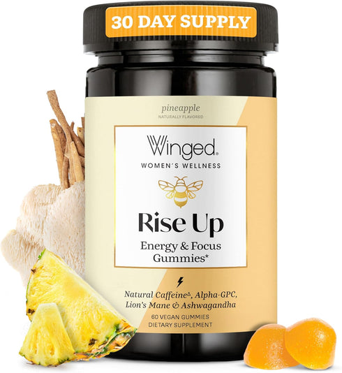 Winged Wellness Rise Up Gummies for Women - Daily Brain Boost Supplement with Natural Caffeine, Ashwagandha, B12, 60