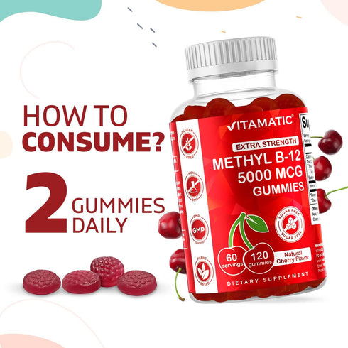 Vitamatic Extra Strength Vitamin B12 5000 mcg (Methyl B12) Gummies, 120 Count, Natural Cherry Flavored