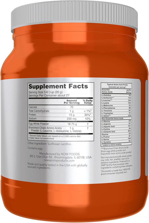 NOW Foods Egg White Protein, 16g with BCAAs, Unflavored Powder, 1.2-Pound Sports Nutrition