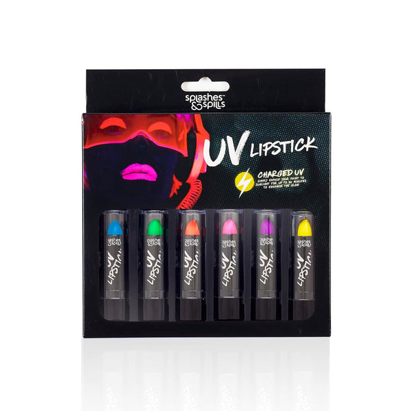 Splashes & Spills UV Blacklight Lipstick - 6 Color Variety Pack, 3.7g for Day or Night Stage, Clubbing Makeup