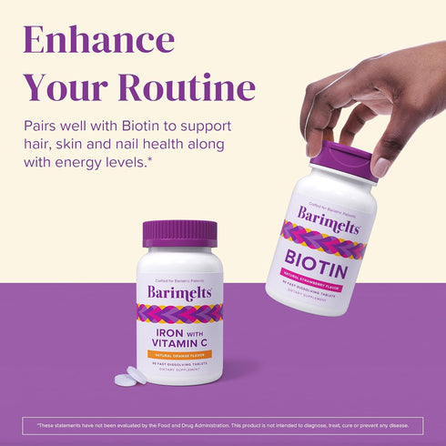 Barimelts Iron with Vitamin C, 90 Sugar-Free Fast-Dissolving Tablets (1-Month Supply) for Women, Natural Orange Flavor