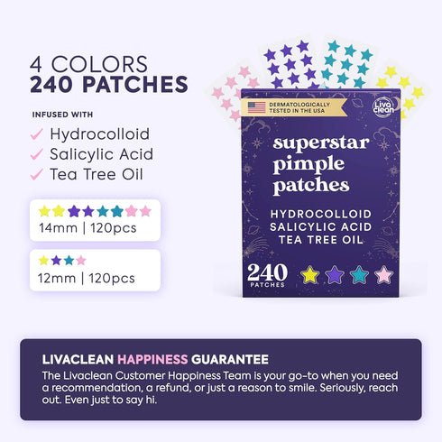LivaClean Superstar Patches 240 CT Pimple Patches for Face w/Salicylic Acid & Tea Tree, Hydrocolloid Acne Patches Cute Star Pimple Patches for Healing, Cute Face Stickers, Zit Patch