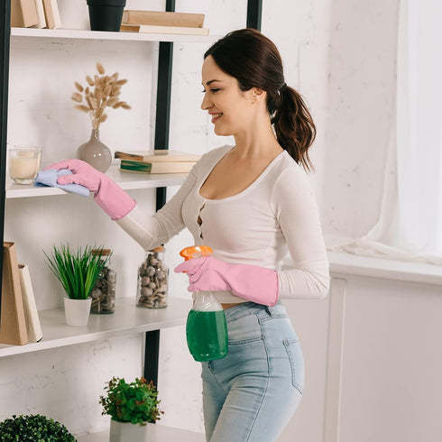 3 Pairs Rubber Cleaning Gloves Latex Free 13" Reusable Dishwashing Gloves Medium Green+Pink+Orange