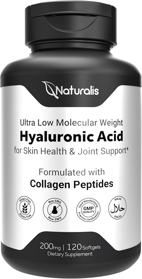 Naturalis Hyaluronic Acid 200mg, Ultra Low Molecular Weight with Collagen, Biotin, Selenium & Vitamin E for Hair, Skin,