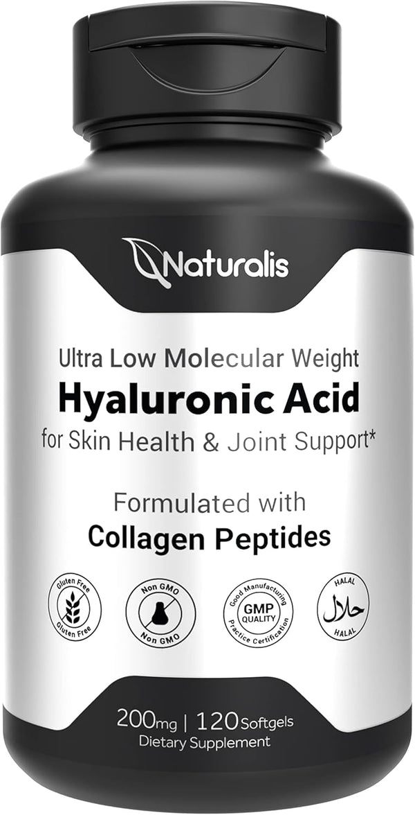Naturalis Hyaluronic Acid 200mg, Ultra Low Molecular Weight with Collagen, Biotin, Selenium & Vitamin E for Hair, Skin,
