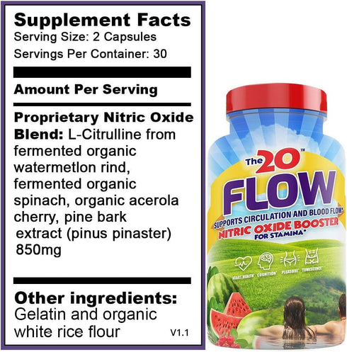 Flow Nitric Oxide Supplement - 60 Capsules, L-Citrulline from Organic Watermelon, Spinach, Acerola Cherries