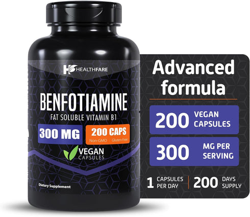 Benfotiamine 300mg | 200 Capsules Fat Soluble Thiamine Vitamin B1 for Overall Health | Non-GMO & Gluten Free