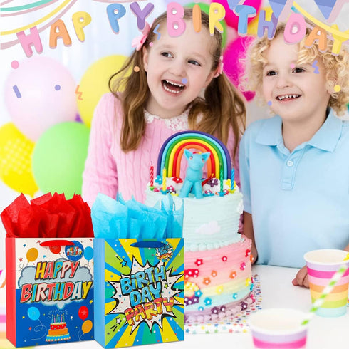 Vammy 13" Large Birthday Gift Bag with Tissue Paper, 2 Pack Paper Gift Bags for Fireworks Birthday Party, Colorful Cake