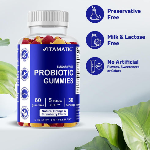 Vitamatic Probiotic Sugar Free Gummies, 5 Billion CFUs for Digestive, Immune & Gut Health, Gluten Free for Men and