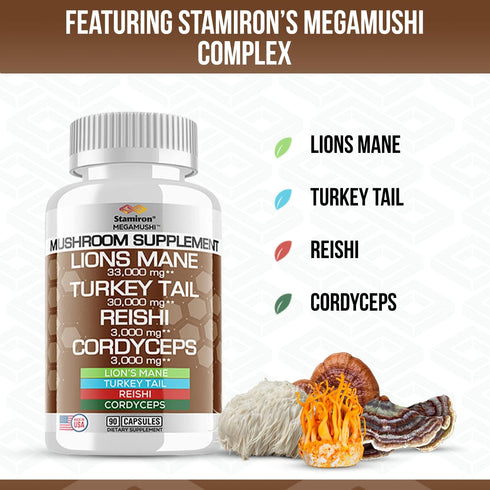 Stamiron Lions Mane Supplement with Turkey Tail & Cordyceps Extract, 90 Count