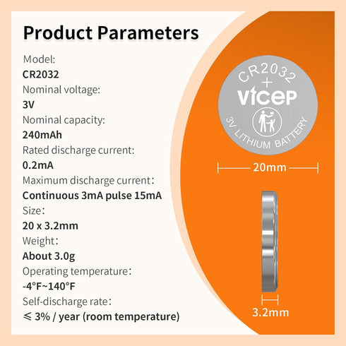 ViCep 5-Pack CR2032 2032 3V 240mAhButton BatteriesCR Lithium Battery Cells Compatible with Key Fob, Watches