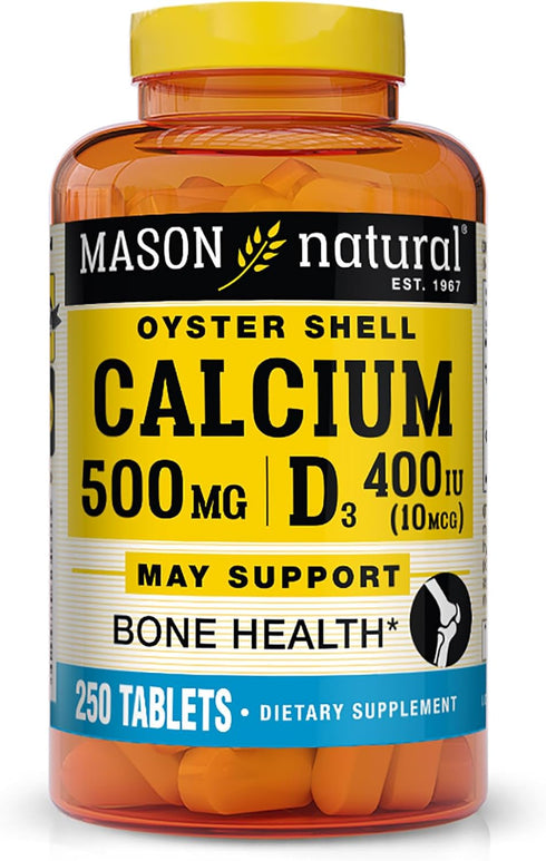 MASON NATURAL Calcium 500 mg (Oyster Shell) with Vitamin D3, 250 Tablets, Supports Healthy Bones and Overall Health,
