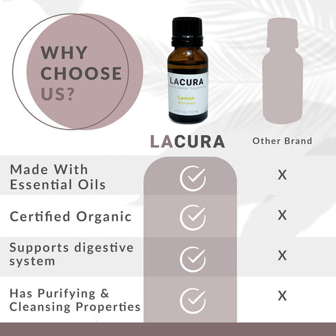 LaCura Pure Lemon Essential Oil, Cold Pressed for Gut Health, Mood Boost, and Overall Wellness, 15ml
