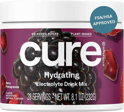 Cure Hydration Plant-Based Electrolyte Drink Mix, Berry Pomegranate, 28 Servings Jar, No Added Sugar