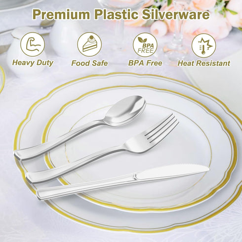 200 Count Heavy Duty Silver Plastic Silverware Set - 100 Forks, 50 Spoons, 50 Knives, BPA-Free, Heat Resistant,