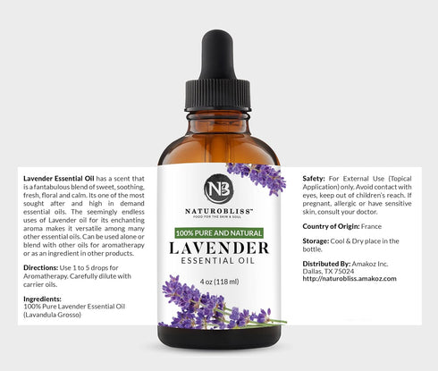 NaturoBliss Lavender Essential Oil - 100% Pure & Natural, Therapeutic Grade with Glass Dropper, 4 fl. Oz