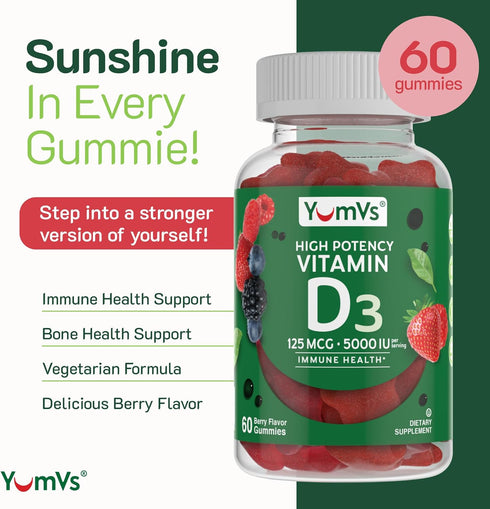 Vitamin D3 Jellies by YumV's | Vitamin D 5000 IU | Daily Dietary Supplement for Men and Women | Mixed Berry Flavor Chewable Jellies | Vegetarian, Gluten-Free, Kosher, Halal | 60 Count
