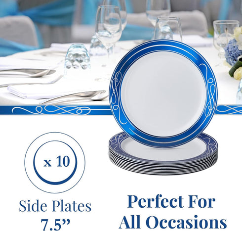 SILVER SPOONS Elegant Disposable Plates - (10 Piece) Heavy Duty Dessert Set 7.5”, Fine Dining Plastic Dishes, Blue