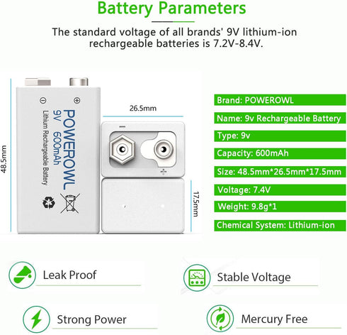 POWEROWL 9V Rechargeable Batteries 600mAh Lithium-ion Low Self Discharge Battery 4 Pack for Smoke Detector and More