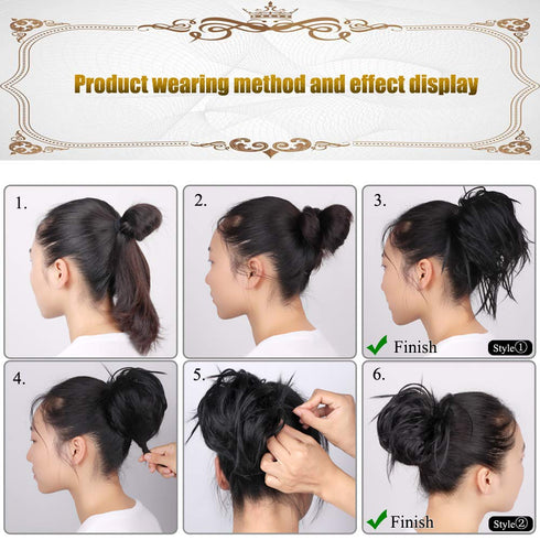 Tousled Updo Messy Bun Hair Piece, Synthetic Wavy Extension Ponytail with Elastic Rubber Band for Women-33#