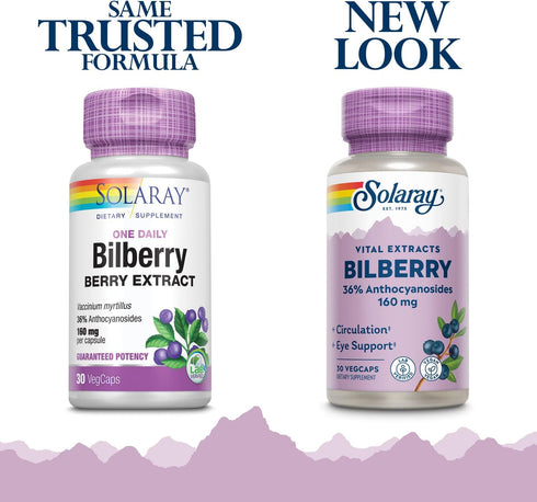 Bilberry Extract 160 mg SOLARAY, Eye Health & Circulation Support, 36% Anthocyanosides Plus Blueberry, Vegan, 30 VegCaps