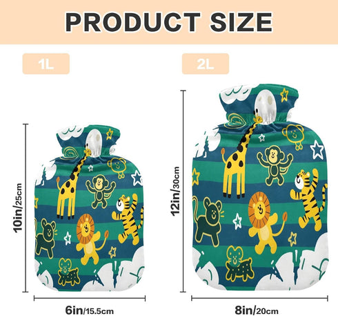 miaozhen 2L Funny Giraffe Monkey Stripe Green Blue Cute hot Water Bottle with Soft Cover hot Compress for Period Cramps