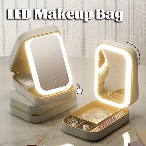 Travel Makeup Bag With Led Mirror, LED Makeup Bag, Travel Makeup Case with Led Mirror, Portable Makeup Box with Mirror and Light, Gift For Girl Women (Beige)