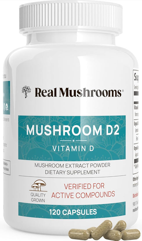 Real Mushrooms Vitamin D2 - 120 ct, Vegan Vitamin D Supplements, 1000 IU for Bone & Muscle Health