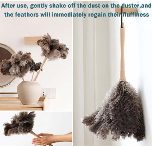 Feather Duster - Genuine Ostrich Feathers with Wooden Handle, Reusable Handheld Cleaning Supplies, Gray and Brown