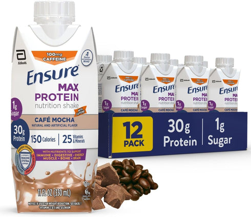 Ensure Max Protein Café Mocha Shake - Meal Supplement Shake, Ready to Drink, 30g Protein, 1g Sugar, 4g Fiber, 11 fl oz